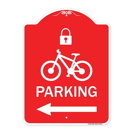 Signmission Parking W/ Lock Cycle & Left Arrow, Red & White Aluminum Sign, 18" x 24", RW-1824-23474 A-DES-RW-1824-23474